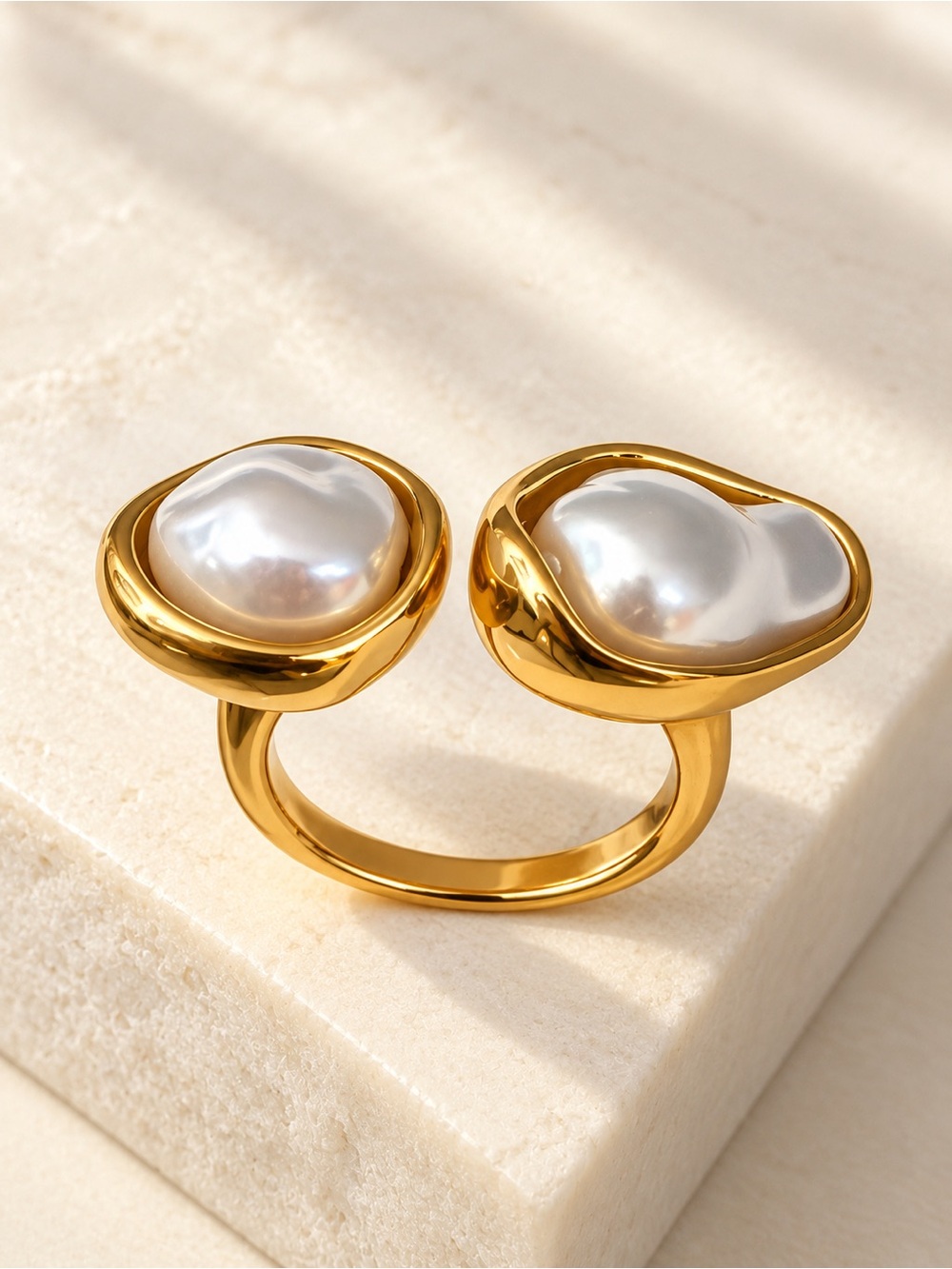 Gold Plated Pearl Double-Top Adjustable Ring - Women Jewelry Stainless Steel